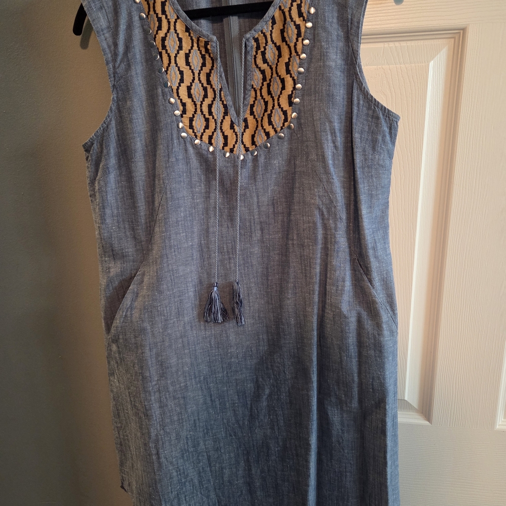 Ariat Sleeveless light denim color 100% cotton dress with Embroidered Neckline